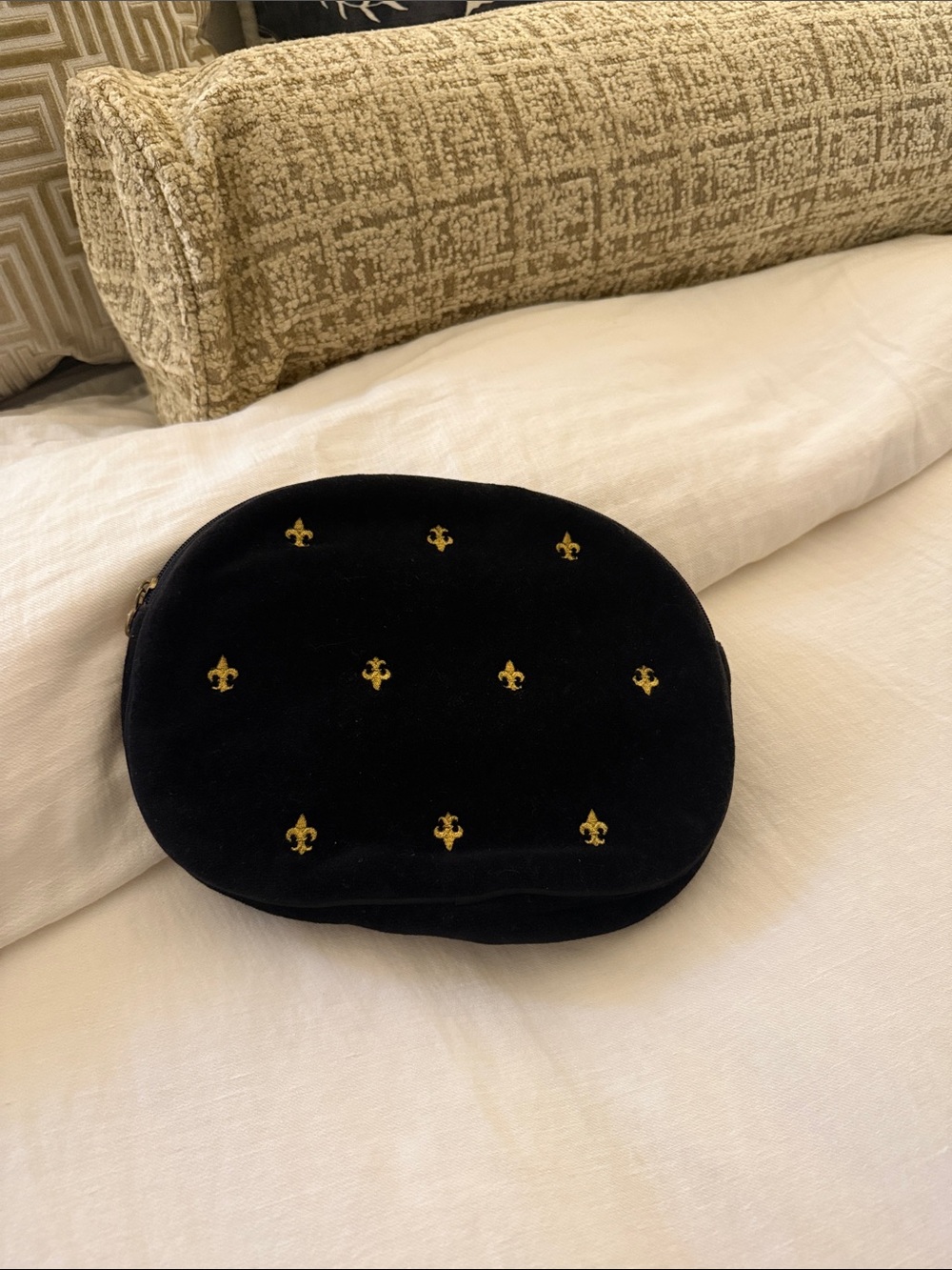 Oscar de la Renta Black Velvet Pouch with Gold Fleur-de-Lis stitching